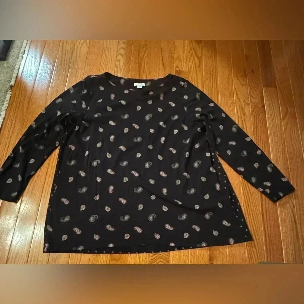 JJILL women’s Paisley Print black paisley Blouse‎ Womens Size Large 3/4 sleeve